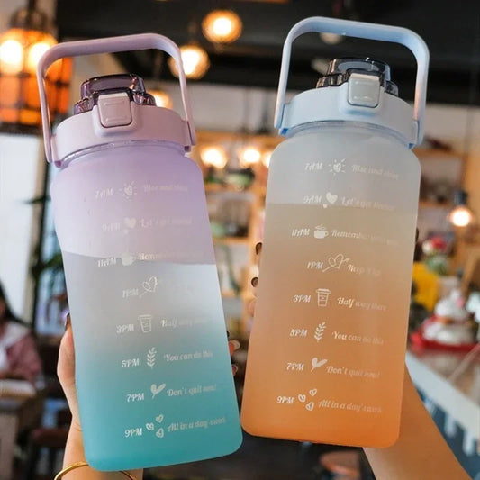 2 Liters Water Bottle Motivational Drinking Bottle with Time Marker Straw Gradient Plastic Cups for Fitness Outdoor Drinkware